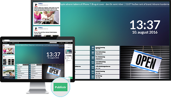 Flere infoskærme, der viser indhold fra Screenpublisher